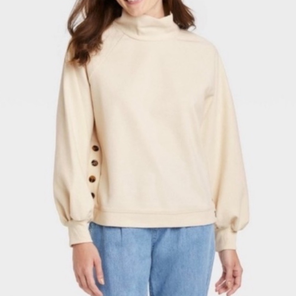 Who What Wear Cream Turtleneck Sweater with Button Accents
